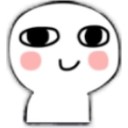 A simple white character face with wide eyes and pink cheeks giving a sly, innocent smile.