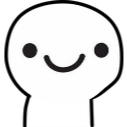A white blob character with two black dots for eyes and a wide, curved smile.