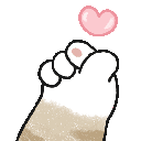 Cat paw performing a rhythmic fist bump motion with a small floating heart.