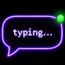 Speech bubble with a purple neon outline containing the text typing and a small green dot in the corner.