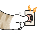 A cat paw repeatedly pressing a small button with yellow sparks appearing to indicate impact.