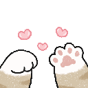 Cat paws reaching upward with pink hearts floating above them in a pixel art style.