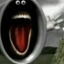 A distorted creature with a massive, open red mouth and googly eyes screaming.