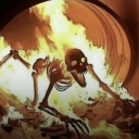 Skeleton engulfed in bright orange flames with a wide, gaping jaw.