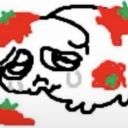 A hand-drawn white skull with a sad, teary expression and red strawberry shapes scattered around it.