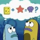 Two fish looking upward with confused expressions at a thought bubble containing a math equation with a sponge, starfish, an…