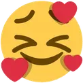Yellow smiley face with eyes squeezed shut and three red hearts floating around it.
