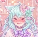 Anime cat girl with light blue hair and cat ears, wearing a floral accessory and blushing intensely with eyes closed.