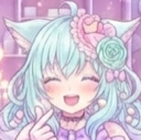 Anime girl with pastel hair and cat ears smiling brightly with a joyful expression.