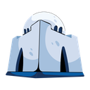 A stylized white domed building with two dark arched entrances against a blue base.