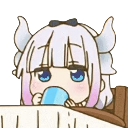 Kanna Kamui with white hair and horns sipping from a small blue cup with a skeptical expression.
