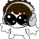 A white blob character wearing gray headphones with large black eyes containing pink hearts.