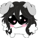 A fluffy white and black creature with large heart-shaped eyes and pink blushing cheeks.
