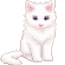 White kitten grooming its fur in a smooth pixel art animation.