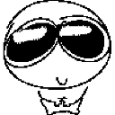 A cartoon character with an oversized head and massive, dark eyes staring blankly forward.