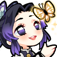 Shinobu Kocho with a gentle smile and a golden butterfly flying near her head.