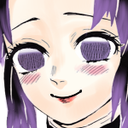 Shinobu Kocho with a smug, closed-eye smile and blushing cheeks.