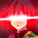 Anime character with glowing white laser eyes and a red-tinted face.