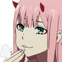 Zero Two with pink hair and red horns making a dismissive pfft expression.