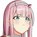 Zero Two from Darling in the Franxx with a pouty expression and crossed arms.