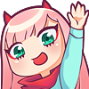 Zero Two with pink hair and horns waving her hand happily.