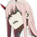 Zero Two from Darling in the Franxx making a disgusted, cringed facial expression.