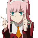 Zero Two from Darling in the Franxx performing a rhythmic finger-twiddling dance.