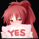 Anime girl with red hair blushing while holding a pink sign that says YES.