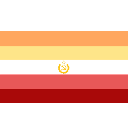 Flag with horizontal orange, yellow, white, red, and dark red stripes featuring a small golden emblem in the center.