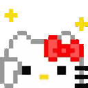 A row of pixelated white cat faces with red bows and yellow stars above them.