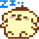 A row of four identical pixelated cream-colored characters with brown berets and blushing cheeks.