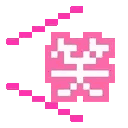 Kanji character for laugh in pixel art style surrounded by decorative pink lines.
