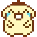 A pixelated character with a brown beret cycles between crying with blue tears and smiling with closed eyes.