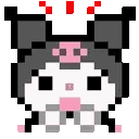 Kuromi character in pixel art style alternating between a shocked expression with red exclamation marks and a neutral alert …