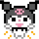 Kuromi character in pixel art style dancing with small yellow sparkles around her feet.