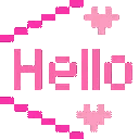 The word Hello repeated four times in pink pixel font with small pink hearts above and below each word.