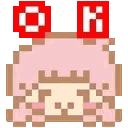 A pink-haired character with a happy expression sits below the red text OK.