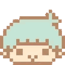 A pixel art character with mint green hair alternates between a smiling face and a blinking face.