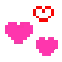 A series of red and pink pixelated hearts and small red bows arranged in a row.