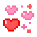 A series of small red and pink pixelated hearts with tiny sparkles.