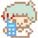 A pixelated character holding a blue flip phone with red signal lines appearing, suggesting a poor connection.