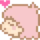 A pixelated character with pink hair alternates between a bashful expression and a loving gaze accompanied by a small pink h…