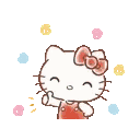 A white cat character with a red bow clasping its hands together with a happy expression and Chinese text above it.
