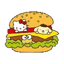 Four hamburgers with cartoon characters peeking out from the lettuce and cheese layers.