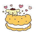 A small yellow dog with a brown hat peeks out from behind a cream-filled cookie surrounded by floating pink hearts.