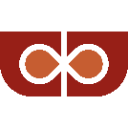 Abstract eyes or infinity loop symbol rendered in pixel art with orange circles inside a dark red frame.