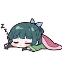 A cute chibi anime girl with teal hair sleeping peacefully under a pink and green blanket with Zzz symbols.