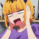 Anime girl with yellow hair and purple horns covering her ears with her hands while shouting in frustration.