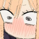 Anime girl face with swirl eyes and intense blush lines expressing extreme embarrassment.