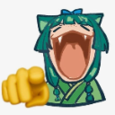 Anime character with green hair laughing with mouth wide open while pointing a finger forward.